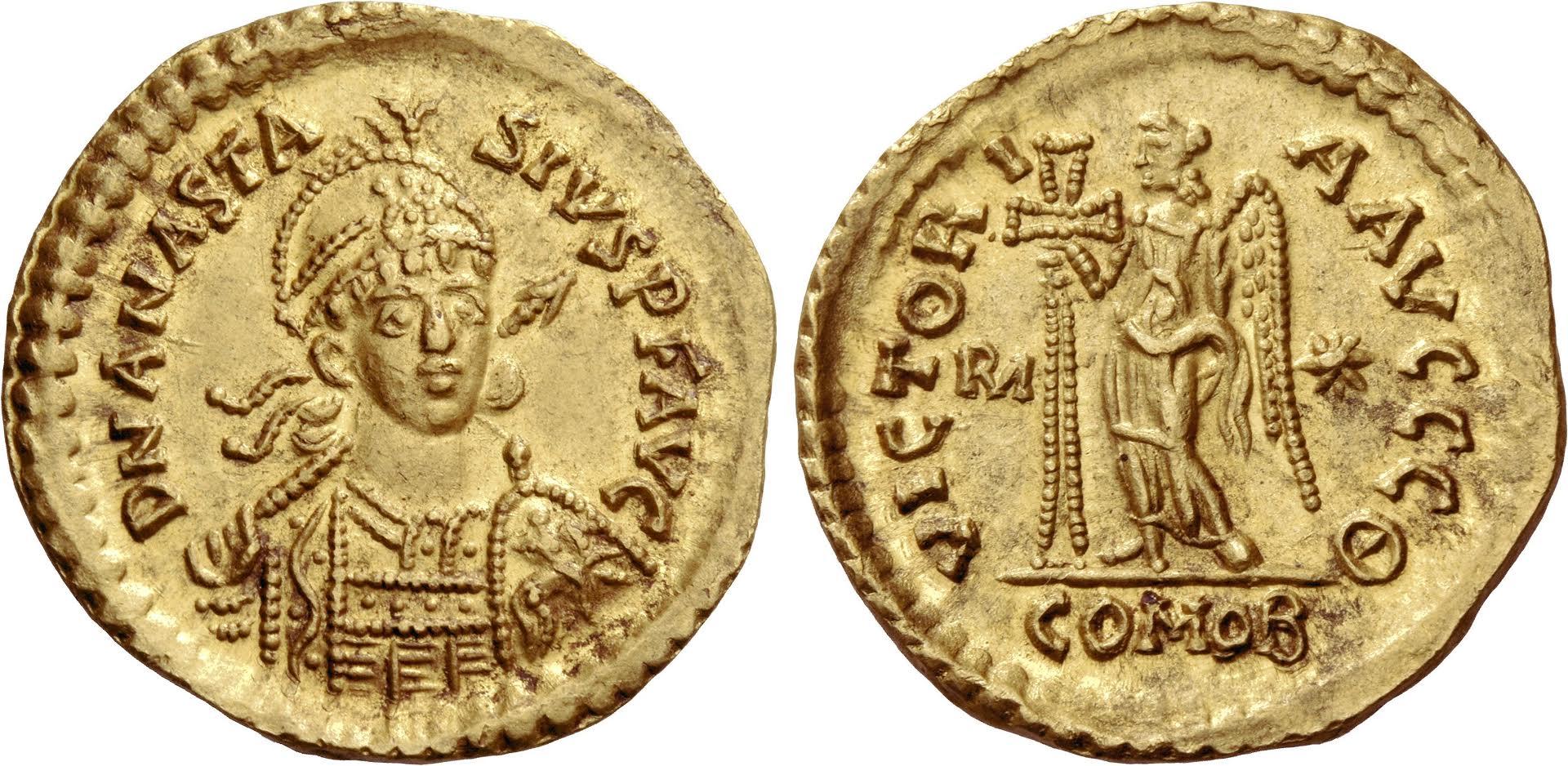 Pseudo-imperialny złoty solid wybity w imieniu cesarza Bizantyjskiego Anastazjusza I z czasów Theoderyka. 4.42 g., ok 20 mm średnicy. Od frontu cesarz. Z tyłu bogini zwycięstwa.