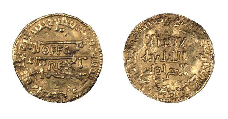 Mancus Offy, czyli złota kopia dinara - moneta specjalnego przeznaczenia. Wybita 773-774 r., Widoczny jest rok Hidżry, inskrypcja o Allachu i Mahomecie, a po środku 