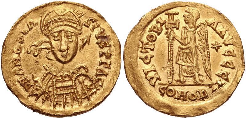 Merowiński solid z końca V - I połowy VI wieku. Wybity w imieniu cesarza Bizantyjskiego Anastazjusza I przez Clovisa I lub Chlotara I. 20 mm., 4.42 mm. Awers - cesarz z włócznią i tarczą, rewers - Wiktoria.