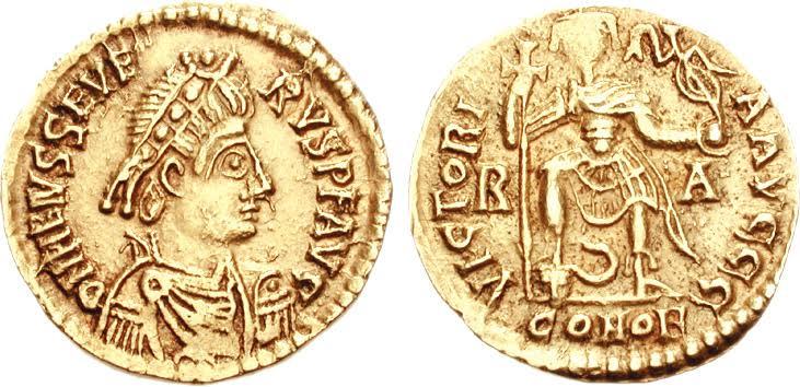 Ok. 460 r. Wizygocka imitacja złotego solida cesarza Zachodnorzymskiego - Libiusza Sewerusa. Od frontu jego cesarska mość, od tyłu stojący cesarz, depczący węża o ludzkiej głowie, oparty o krzyż (znana poza z obrazów przedstawiających Chrystusa). 4.38 g., ok 20 mm. średnicy