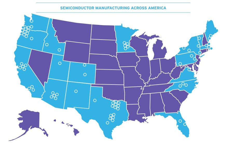 Główne lokacje produkcji półprzewodników w USA. Źródło: https://www.semiconductors.org/wp-content/uploads/2020/06/2020-SIA-State-of-the-Industry-Report.pdf
