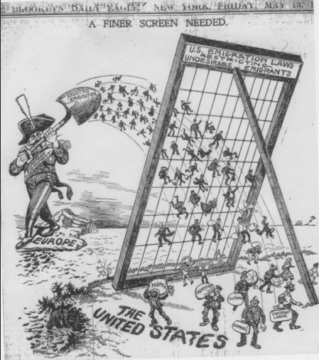 Rysunek z roku 1917 przedstawiający prawo anty imigranckie jako sito przez które przesiewany jest element niepożądany w USA. Do takich elementów zaliczano: anarchistów,kryminalistów,osoby niepełnosprawna fizycznie lub umysłowo ,analfabetów,pracowników kontraktowych i innych. Źródło: https://www.historybeyond.com