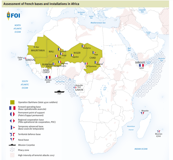 Francuska obecność wojskowa na terenie Afryki. Źródło: A. Sundberg, France - A Continuing Military Presence in Francophone Africa, 2019