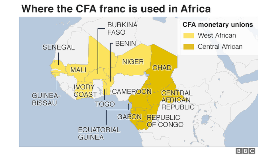 Strefy franka CFA w Afryce. Źródło: https://www.bbc.co.uk/news/world-africa-46960532