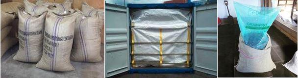 Przykłady opakowań do transportu kakao. Torby jutowe, kontener z polipropylenową torbą lub torby jutowe typu GrainPro. Źródło: https://www.cbi.eu/market-information/cocoa/united-kingdom