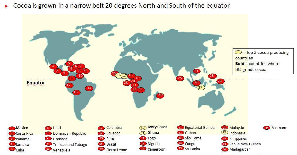 Kraje uprawiające kakao. Źródło: https://www.barry-callebaut.com/en/group/media/press-kit/theobroma-cacao-food-gods