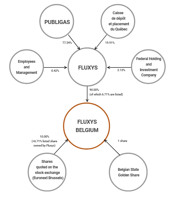 Struktura udziałowców Fluxsys. Źródło: https://www.fluxys.com/en/company/fluxys-belgium/management-governance