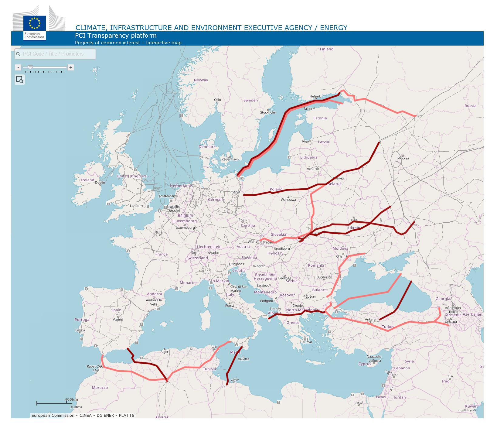 Najważniejsze kierunki dostaw gazowych - kompilacja własna przy użyciu mapy sieci gazowych z: https://ec.europa.eu/energy/infrastructure/transparency_platform/map-viewer/main.html