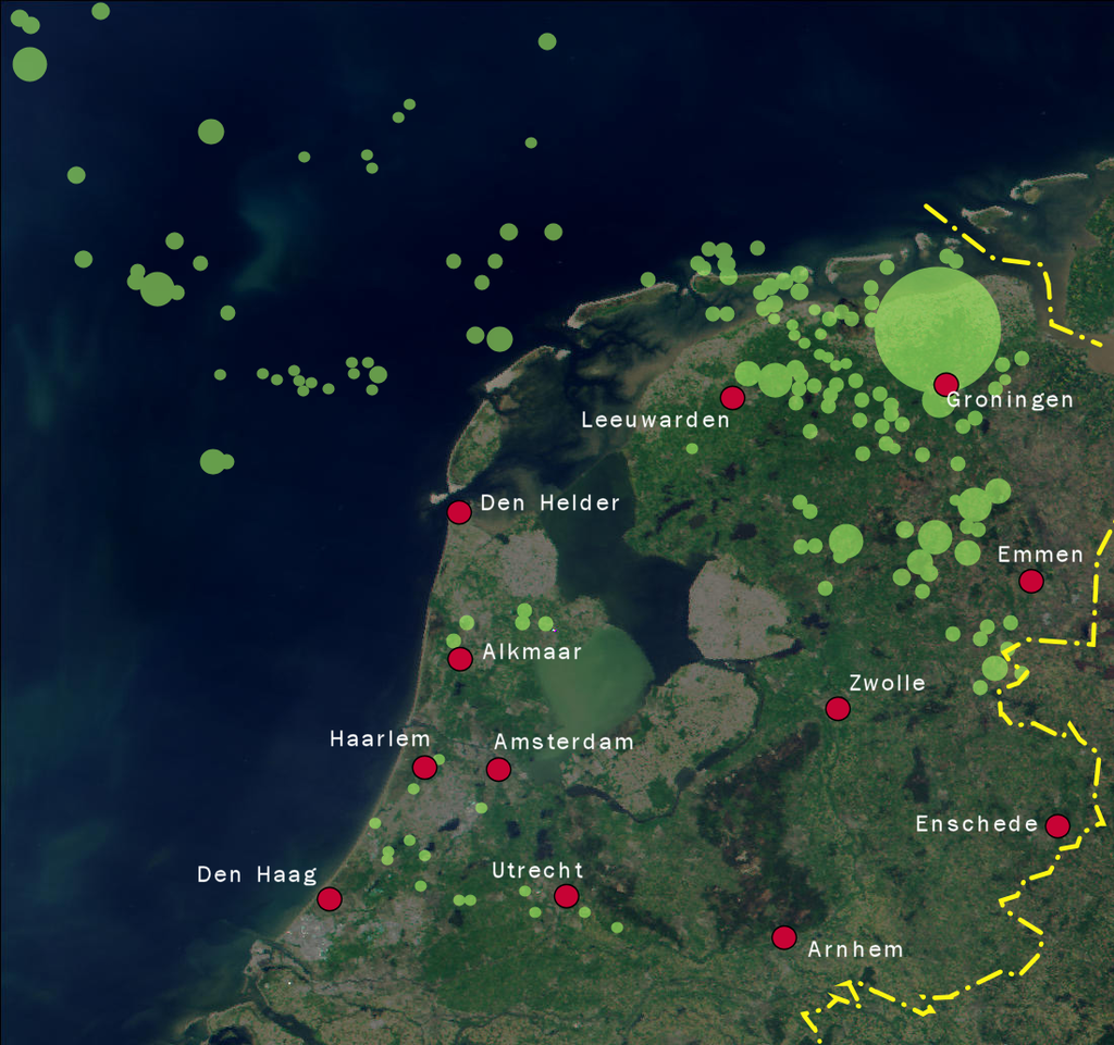 Pole gazowe Groningen - 50% niderlandzkiego wydobycia gazu. Źródło: https://en.wikipedia.org/wiki/Groningen_gas_field#/media/File:Natural_gas_NL.png