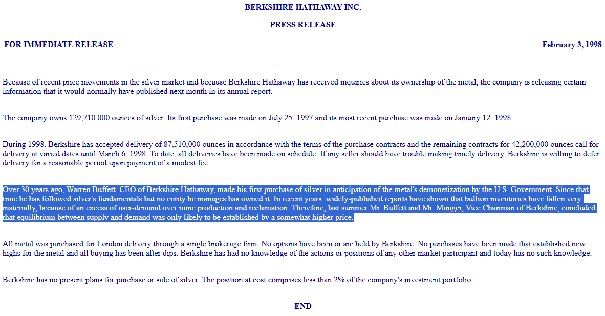 3 lutego 1998 - nota prasowa w orginale. Źródło: https://www.berkshirehathaway.com/news/feb03981.html