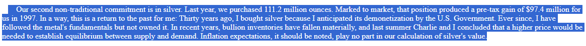 Pre tax gain na inwestycji w srebrze. Ale to nie o to chodziło... Źródło: https://www.berkshirehathaway.com/letters/1997.html